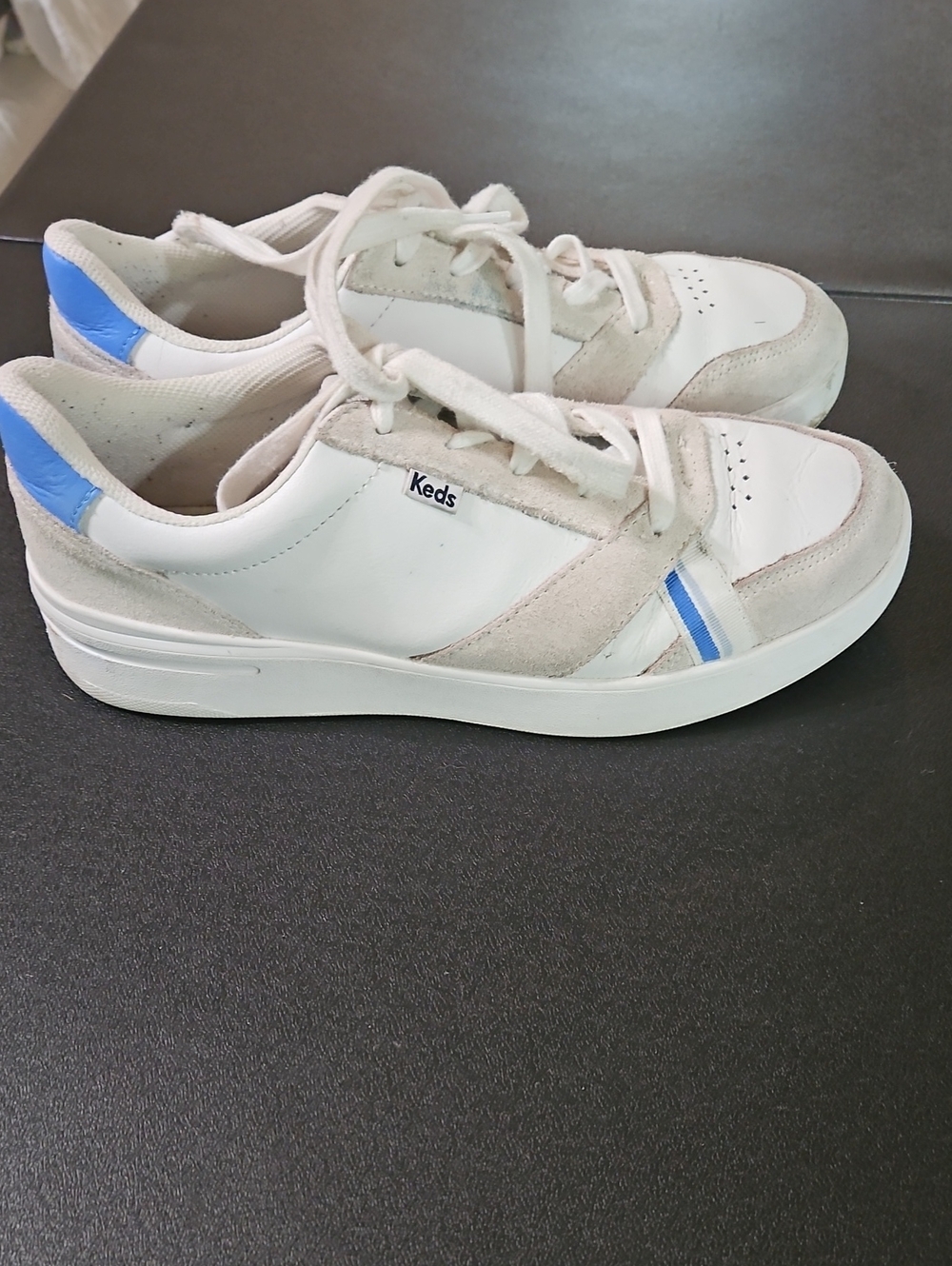 Keds White Leather Sneakers with Blue Heel and Stripe Size 9